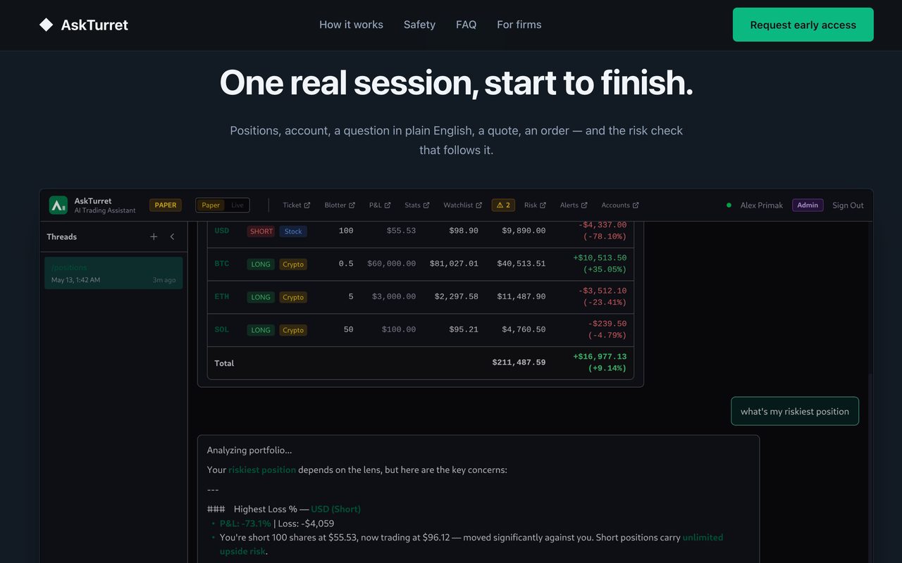 The AskTurret AI trading assistant: a positions blotter showing paper-trading stock and crypto holdings with profit and loss, beside a chat thread answering "what's my riskiest position".