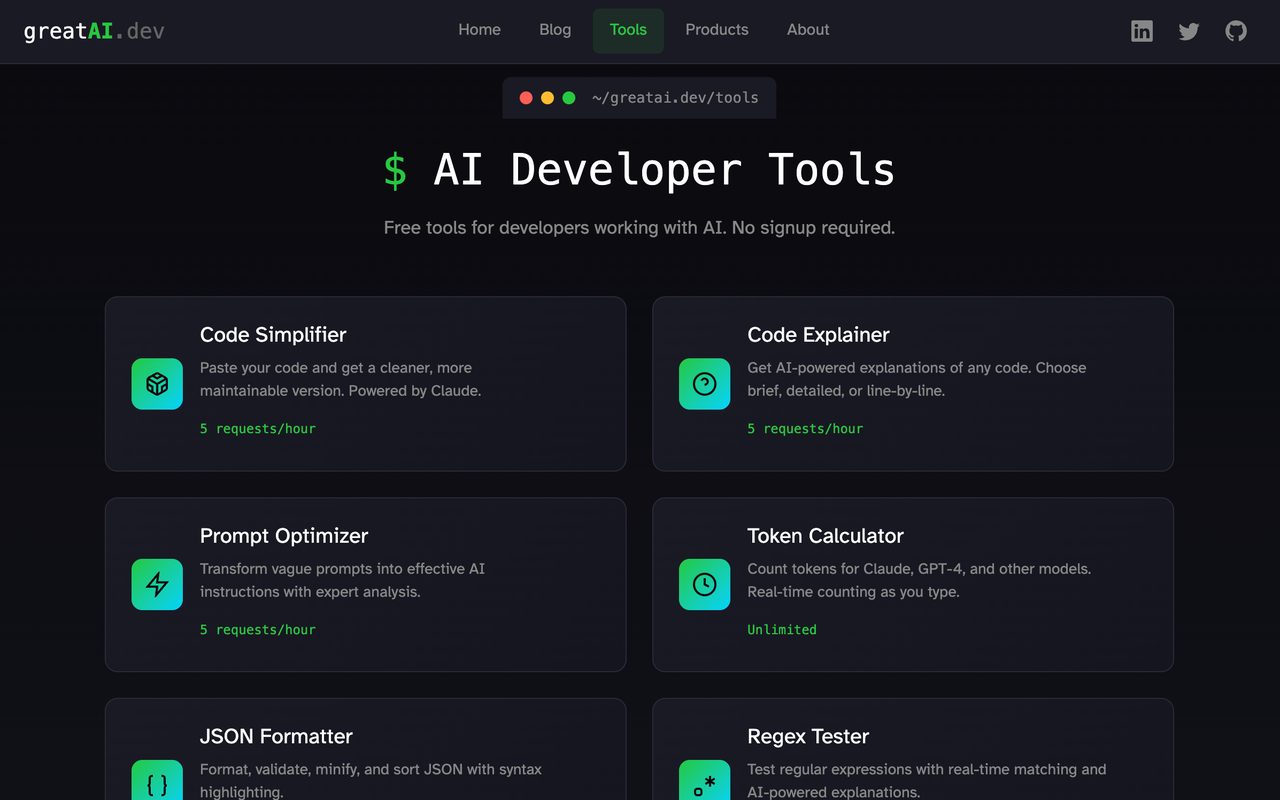 The greatAI.dev tools page: a grid of free AI developer tools including a code simplifier, code explainer, prompt optimizer, token calculator, JSON formatter and regex tester.
