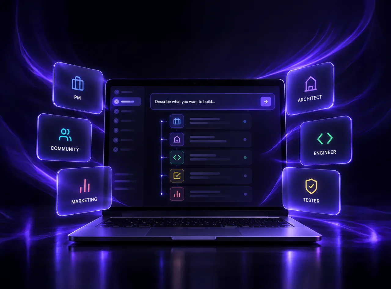 The Operum desktop app on a laptop, ringed by six agent cards — PM, Community, Marketing, Architect, Engineer and Tester — around a prompt reading “Describe what you want to build…”