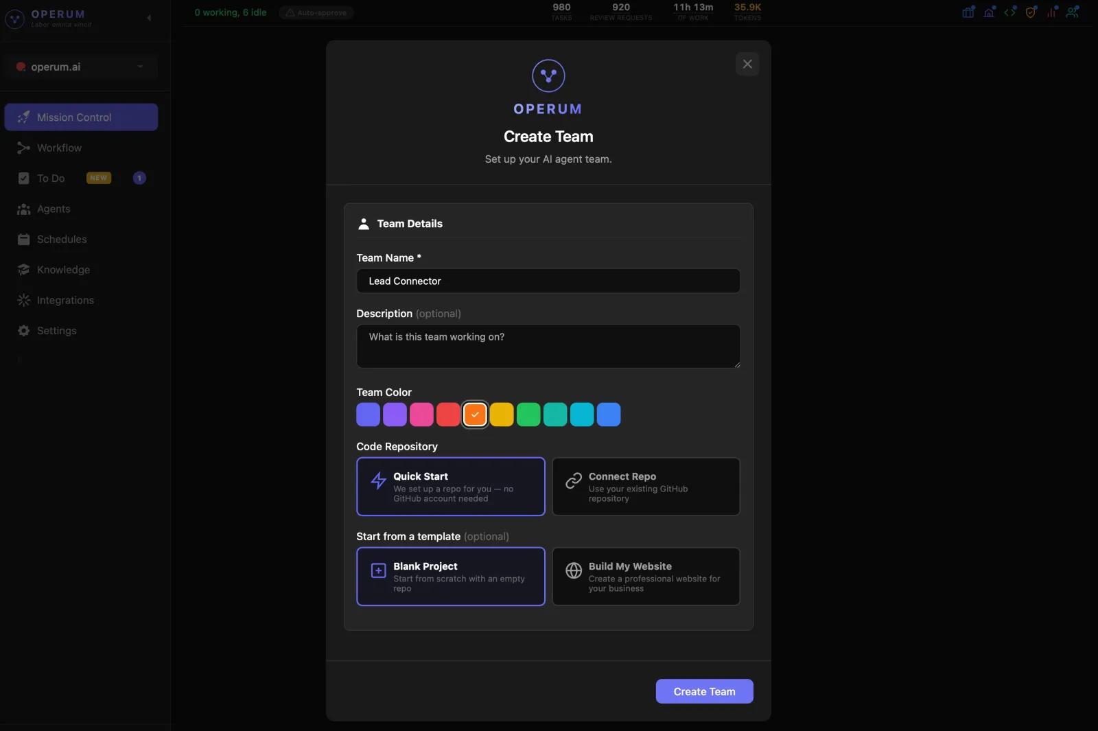 Operum teams page — create and manage your AI teams