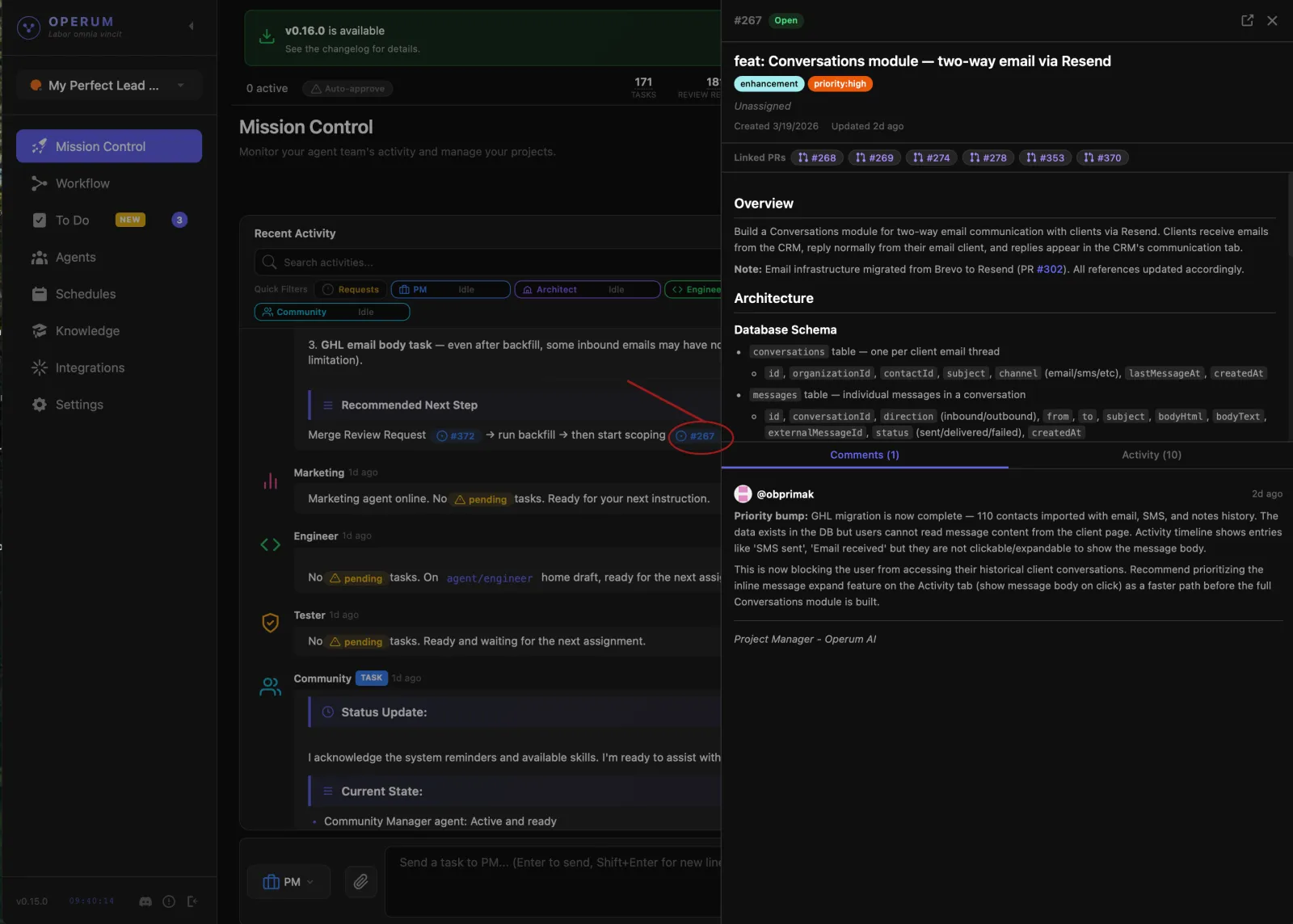 Operum task details — review pull requests and agent work