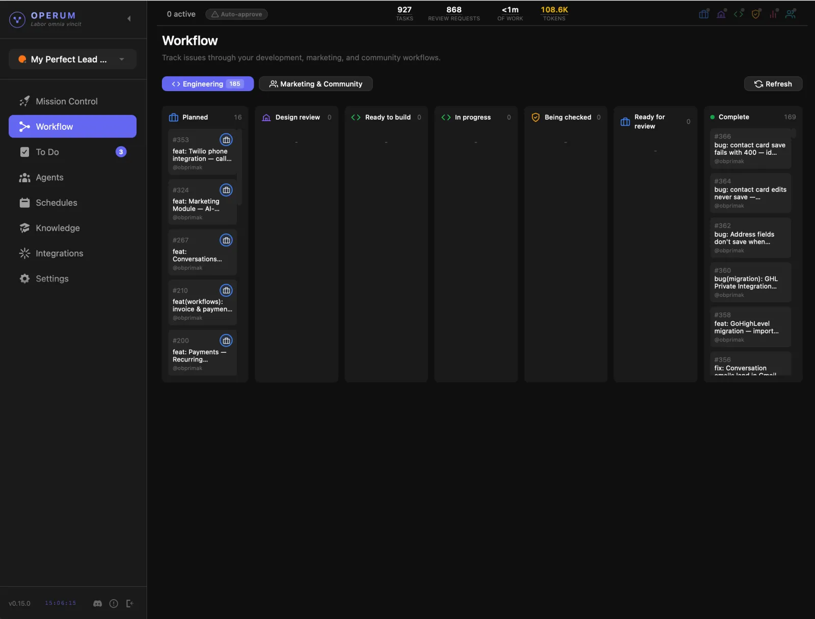 Operum workflow board — track tasks through your development pipeline